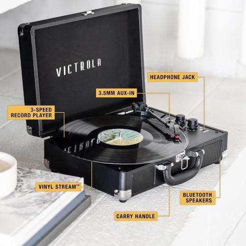 Victrola Journey  Bluetooth Suitcase Record Player – Built-in Speakers, 33-1/3, 45 & 78 RPM Vinyl Record Player, RCA Out, Headphone Jack, Wireless Streaming (Black)