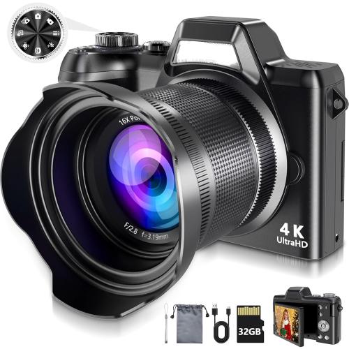 4K Digital Camera for Photography & Vlogging, 56MP Point and Shoot Digital Cameras with 180° Flip Screen, 16X Zoom Compact Travel Camera, Portable Cámara for Adults & Beginners with 32GB SD Card