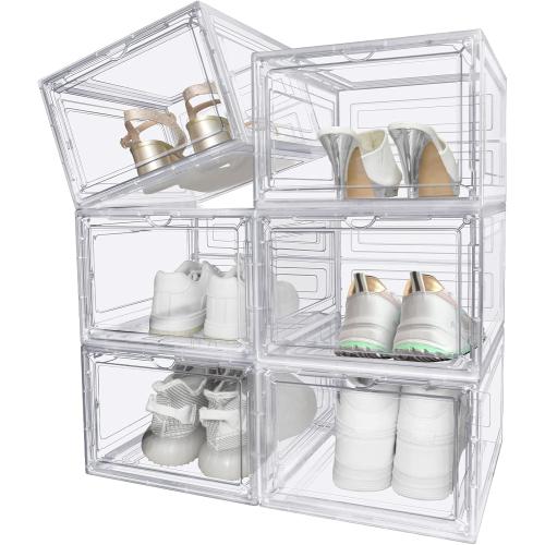 mupera Shoe Storage Boxes - Upgraded Large Plastic Sneaker Storage Box with Lid, Magnetic Clear Shoe Boxes Stackable, Drop Front Boot Organizer, Hard Plastic Shoe Storage Bin