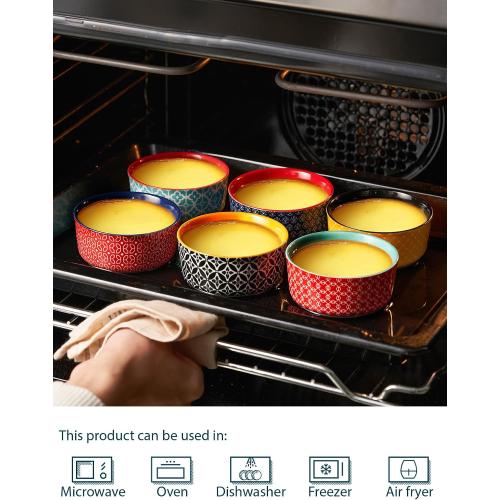 DOWAN Ramekins with Lids 4 oz Oven Safe for Creme Brulee Souffle, Ceramic Custard Cups for Baking, Small Bowls for Pudding Dip Ice Cream, Set of 6, Vibrant Colors