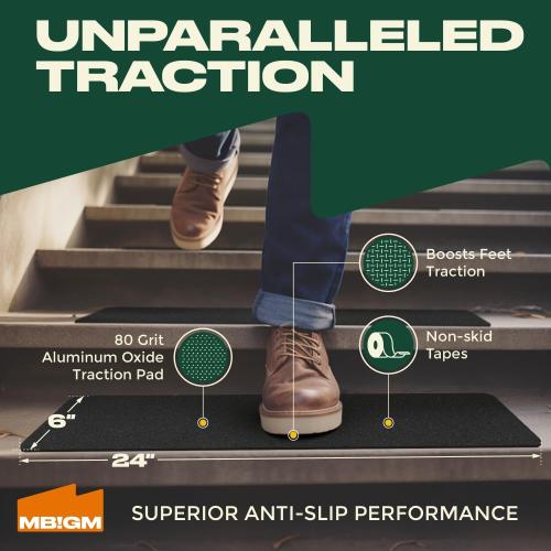 MBIGM 8-Pack 24 X 6 Pre-Cut Stair Treads 80 Grit Non-Slip Outdoor Tape Black Heavy Duty Anti Slip Traction Adhesive Strips