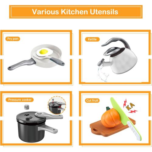 100Pcs Kitchen Playset, Kids Pretend Cooking Play Pots, Pans, Utensils, Cookware, Toy Food Fruits Veggies, with 2 Large Apple - Shaped Storage, Toddler Cooking Learning Gift (White)