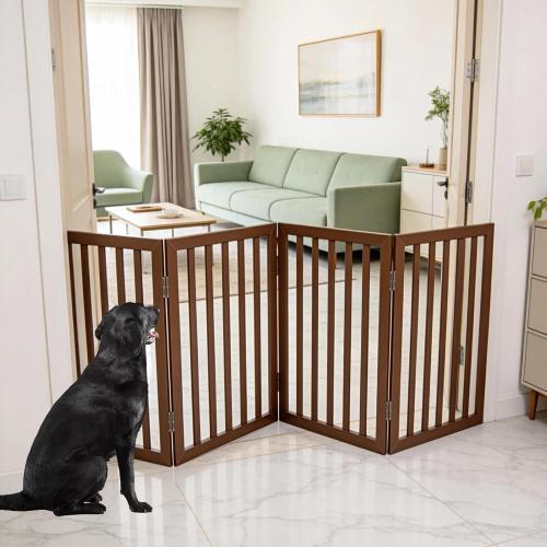Dog Gate Indoor, Freestanding Dog Fence for The House, Doorways, Hallways,or Stairs,Pet Gate Foldable Wooden,Expandable 32 Height 4 Panels,Brown