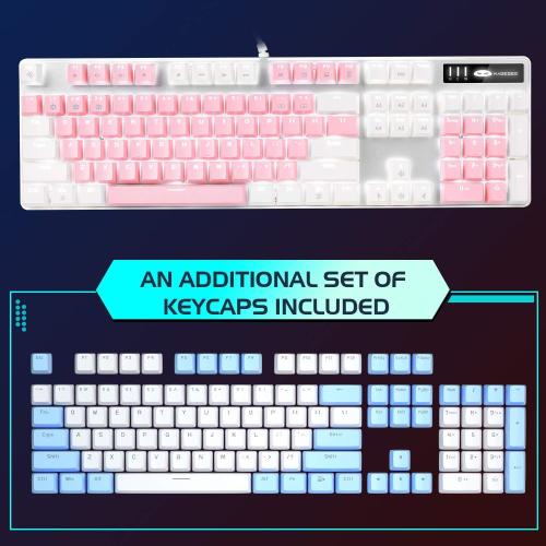 Color White and Blue MageGee Mechanical Gaming Keyboard, New Upgraded Blue Switch 104 Keys White Backlit Keyboards, USB Wired Mechanical Computer Keyboard for Laptop, Desktop, PC Gamers