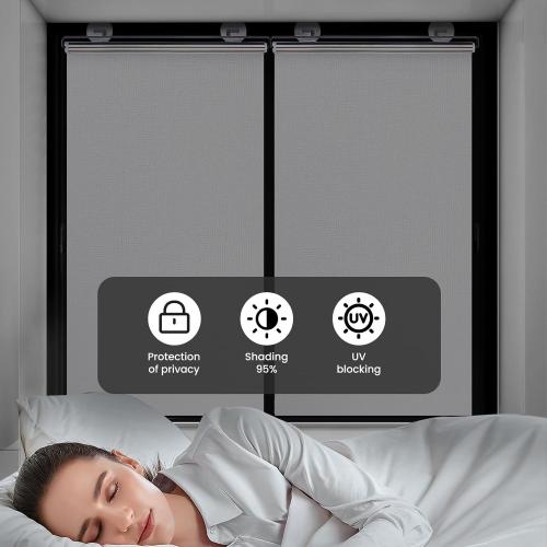 No Drilling Retractable Roller Window Shades W/3 Suction Cups, Black Blackout Blind Shade Temporary Cover Curtain for Home Bedroom Car (49.21 L×22.83 W, Silver Coating)