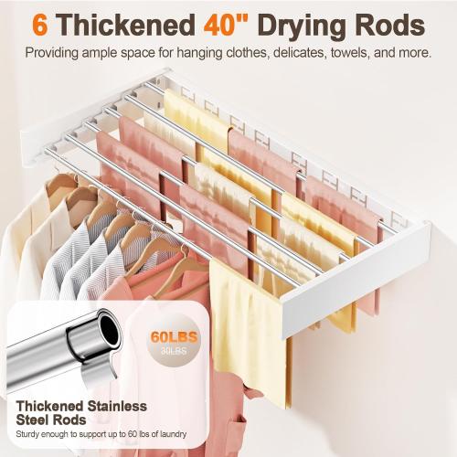 Wall Mounted Clothes Drying Rack Folding Indoor, Foldable Laundry Drying Rack Collapsible,Invisible, Space Saving, Retractable Towel Drying Rack, with Wall Template(6 Drying Rods, White 40)