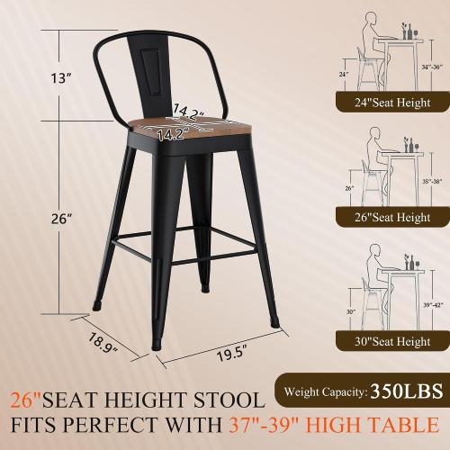 Aklaus Swivel Metal Bar Stools 26 inch Swivel Counter Height Barstools Set of 2 Modern Farmhouse Bar Chairs with High Backs and Large Wooden Seat for Kitchen Island Dining Room Matte Black