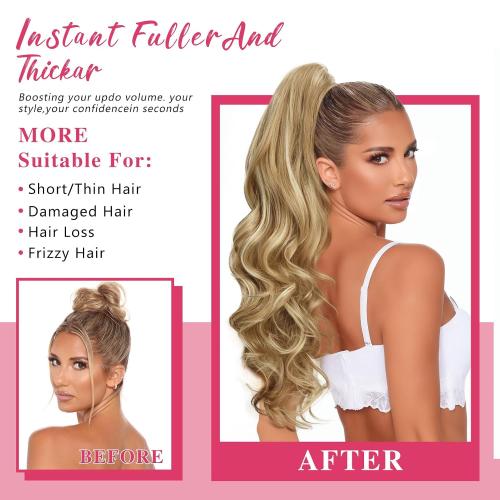 24''Long Wavy Ponytail Extension, Burgundy Ombre Claw Clip Hair Piece