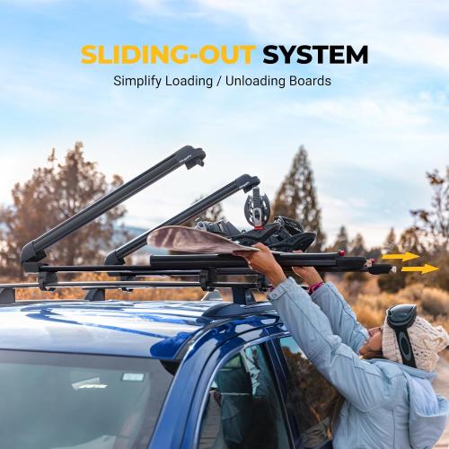 BougeRV Lockable Ski & Snowboard Racks, Extension with Sliding Feature, 28'' Fits 6 Pairs Skis or 4 Snowboards, Crab Mounting System Fits for Square/Aero/Oval Cross Bars