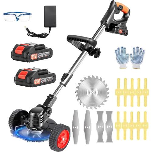 Electric Weed Wacker Cordless with Wheels,21V Battery Powered Weed Wacker 3-in-1 Grass Trimmer/Brush Cutter/Edger, 2pcs Batteries&4 Types Blades, Lightweight, Low Noise for Thick Weeds&Yard Garden