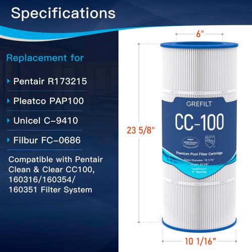CC100 Pool Filter Cartridge, Compatible with Pentair CC100, CCRP100, Replaces Pleatco PAP100, Unicel C-9410, Filbur FC-0686, Pentair R173215, 100 sq.ft, Dimensions: 23 5/8 x 10 1/16
