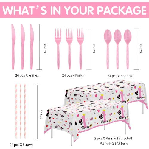 Minnie 1st Birthday Party Supplies - Minnie Theme Mouse Birthday Decorations Tableware, Plate, Cup, Napkin, Tablecloth, Cutlery, Straw, Pink Minnie First Birthday Party Supplies | Serve 24