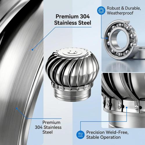 Stainless Steel Turbine Roof Ventilator, 304 Grade Metal Wind Turbine Cap, 11.8 Inch Attic Exhaust Vent, Rainproof Silent Operation (300mm (11.8 inches))