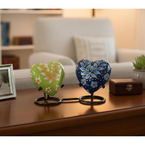 Set of 2 Size 3 Color Blue and green eSplanade Mini Heart-Shaped Cremation Urn Keepsakes Memorial Jar Pot Container - Set of 2 | Small Urns for Funeral Ashes Burial | Multi Printed Metal Keepsakes | Blue and Green - 3 Inches