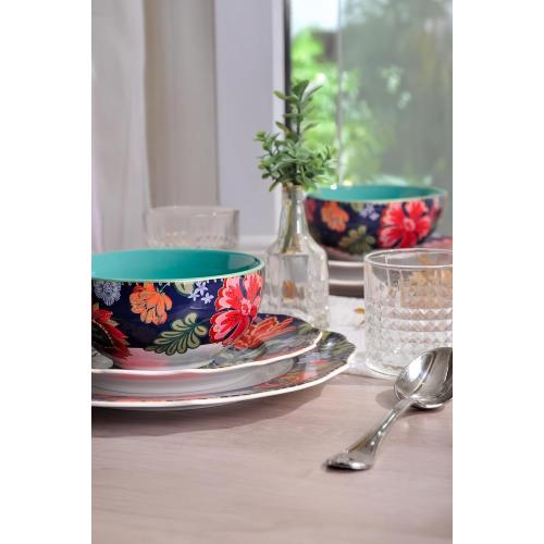 222 Fifth 12-Piece Porcelain Dinnerware Set for 4, White & Parisian Blue Plates and Bowls Set with Gold Rim, Glossy Ceramic Dish Set with Detailed Floral Design, Microwave & Dishwasher Safe, Chintz