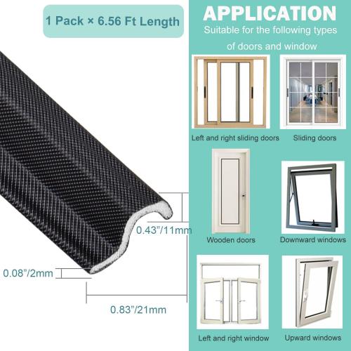 MOPMS Draft Stopper Sweep, Door Weatherproofing Stripping, Window Seal Strip Self-adhisive Soundproof Seal Strip Cuttable Window Weather Stripping, Length 6.56Ft- Black