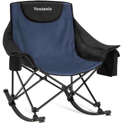 Oversized Folding Rocking Camping Chair, Padded Portable Rocking Chair with Pockets, Cup Holder and Carry Bag, Heavy Duty Outdoor Rocker Patio Chair for Garden, Lawn, Up to 400lbs, Navy Blue