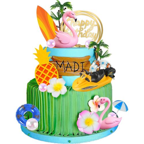 DRWATE Flamingo Cake Toppers Summer Cake Decorations Pineapple and Hibiscus Flower Yacht Surfboard Cake Toppers for Tropical Hawaiian Beach Luau Themed Party Supplies (Style 01)