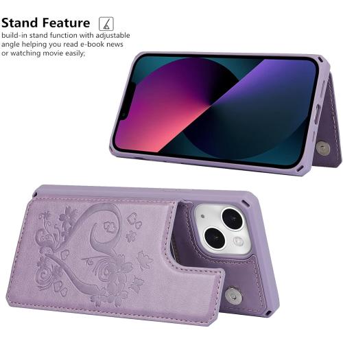 iCoverCase for iPhone 13 Wallet Case with Card Slots Holder Kickstand [RFID Blocking] Embossed Leather Magnetic Shockproof Cover with Wrist Strap (Heart Purple), Purple