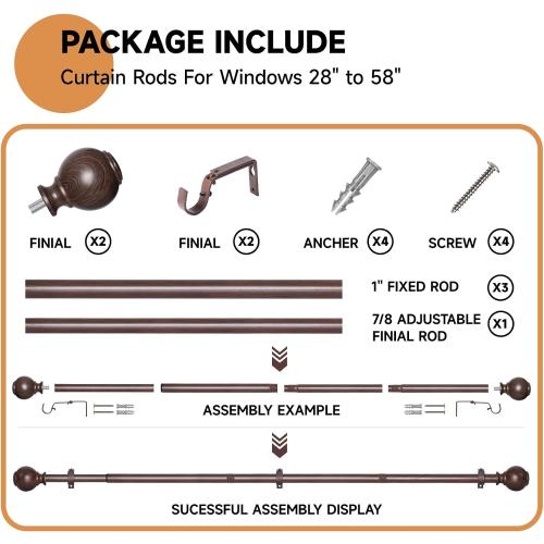 Wood Curtain Rods for Windows 28 to 48 Inches,1 inch Heavy Duty Window Curtain Rods with Imitation Wood Grain Finials,Decorative Drapery Rods Adjustable, 28-58(2.3-4.8ft), Bronze Wood