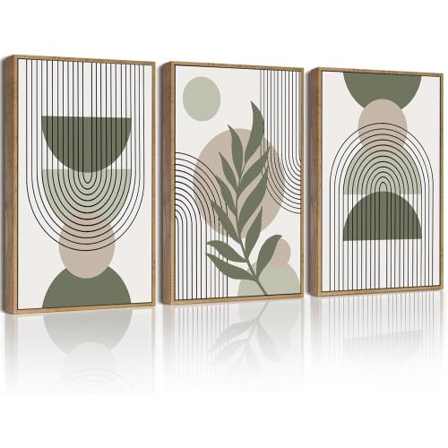 Drsoum 11x14in Boho Wall Art Green Sage Decor Framed Wood Modern Bohemian Abstract Geometry Canvas Prints Ready to Hang