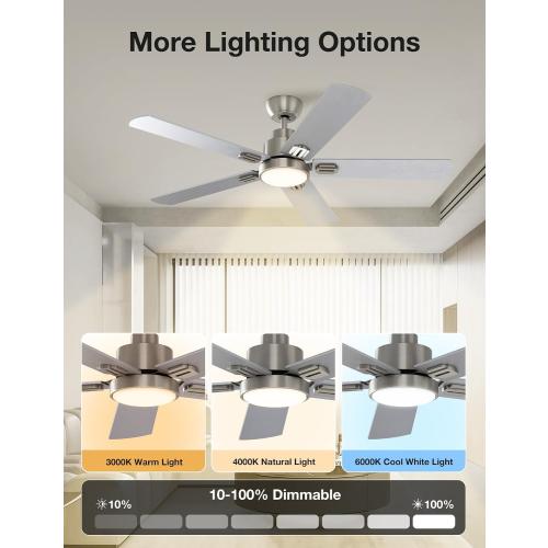 warmiplanet 52 Inch Indoor Ceiling Fans with Lights and Remote Control, 6 Speeds Slient Reversible DC Motor, 3 Color Dimmable LED Light, Timer, Brushed Nickel, 5 Blades