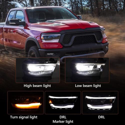 FIONE LED Headlight Assembly Compatible with Dodge Ram 1500 2019-2022 Black Cover Headlamp Right Passenger Side 68533274AA CH2503320