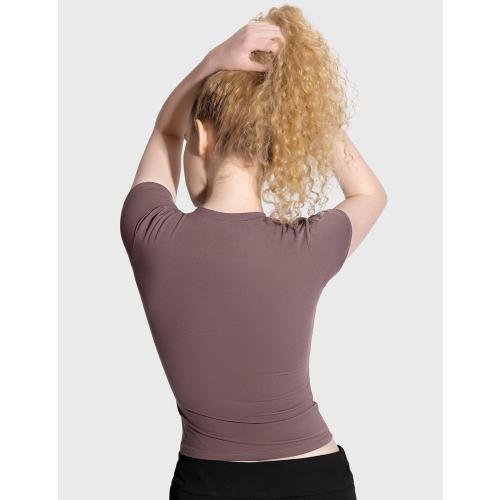 MEDIUM PUMIEY Women's Crew Neck Short Sleeve Tops Double Lined Slim Fit T Shirts Basic Tee Smoke Cloud Pro Collection