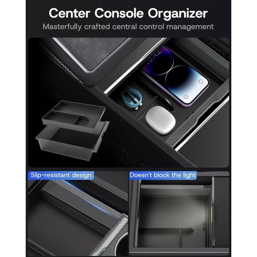 Center Console Organizer Tray for Tesla Model Y Juniper 2026 2025 (Premium & Performance), 8PCS - PC Material & Silent Silicone Armrest Storage Box Bottom Liners Wireless Charging Pad Cup Holder
