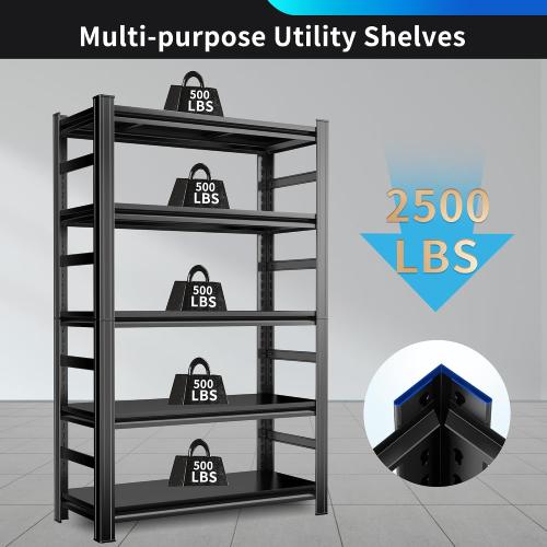 Garage Shelving 3000LBS Heavy Duty Shelving Units and Storage Shelves Adjustable 5 Tier Metal Shelving for Kitchen,Utility Room and Basement, 35.43 Wx15.75''Dx72''H, Black