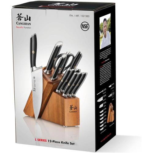 Cangshan L Series 12-Piece Knife Block Set with 6 Steak Knives, Forged German Steel, Acacia Block, Black, 1026061
