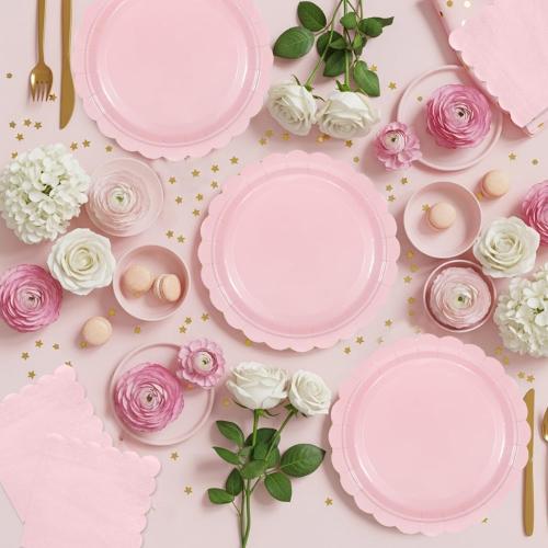 Oigco 50 Pcs Pink Plates and Napkins, Disposable Light Pink Scalloped Paper Plates & Napkins for Wedding Bridal Shower Birthday Baby Shower, Serves 25