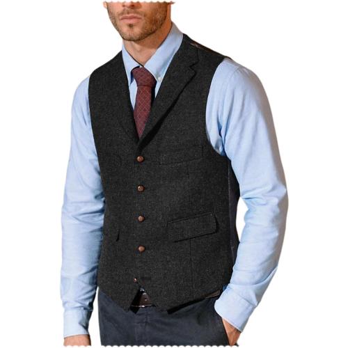 RUNTINGJIA Mens Lapel Suit Vest Tweed Herringbone Business Formal Sleeveless Waistcoat