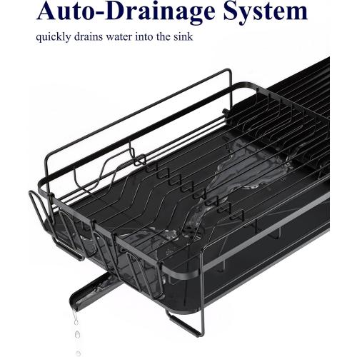 Kitsure Large Dish Drying Rack - Extendable Dish Rack, Multifunctional Dish Rack for Kitchen Counter, Anti-Rust Dish Drainers with Cutlery & Cup Holders 19.2-26.7 L x 12.9 W, Black