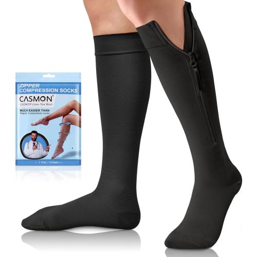 CASMON Zipper Compression Socks for Women & Men, 20-30 mmHg Closed Toe Knee High Support Sock, Medical Zip up Socks for Edema, Varicose Veins, Post-surgery, Swelling, Nurses, Pregnancy (1 Pair)