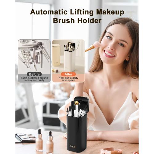 Upgrade Makeup Brush Holder Organizer with Lid, Automatic Lifting Dustproof Makeup Brushes Organizer with 4 Compartments for Vanity，Cosmetic Storage for Dresser Countertop and Bathroom (White Gold)
