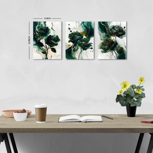 Emerald Green Wall Art for Living Room Green and Gold Marble Wall Decor Abstract Flower Wall Art Modern Botanical Canvas Prints Paintings for Bedroom Office Home Decorations 12x16 3Pcs
