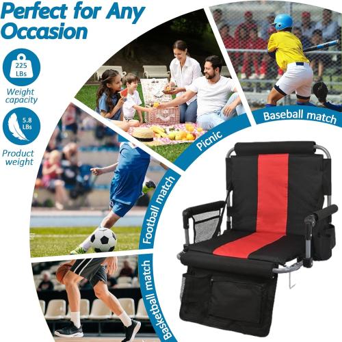 Black and Red Portable Stadium Seats with Back Support and Armrest, Folding Bleacher Chairs with Back and Cushion, Wide Padded Sports Chair with Cup Holder (2 Pack, Red)