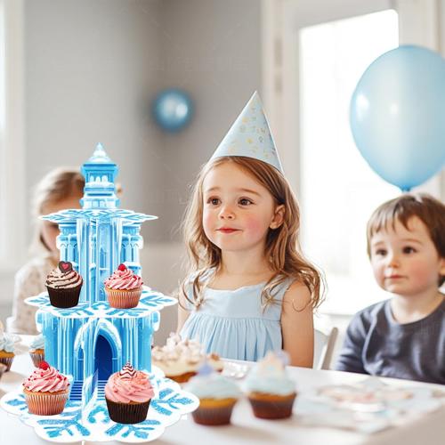 Frozen Birthday Party Decorations, 3-Tier Frozen Cupcake Stand with Snowflakes and Ice Castle Design for Winter Wonderland Theme, Baby Shower and Kids Frozen Party (Blue Snowflake)
