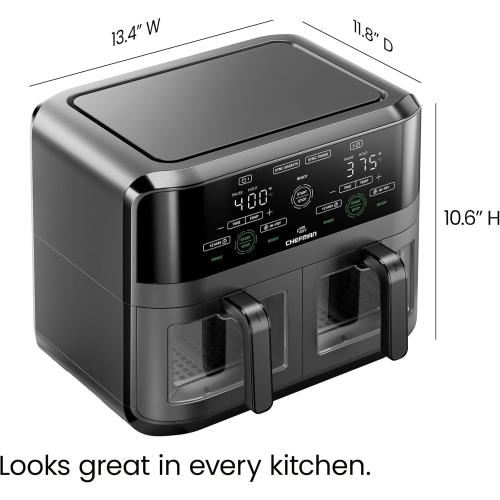 CHEFMAN 6 Quart Dual Basket Air Fryer Oven with Easy View Windows, Sync Finish, Hi-Fry, Auto Shutoff, 2 Independent 3Qt Nonstick Dishwasher Safe Frying Baskets, Digital Double Air Fryer - Black