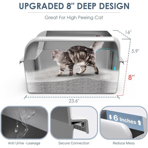8 Deep Stainless Steel Cat Litter Tray with Lid Extra Large Litter Box for Big Cats XL Metal Litter Box Pan with High Wall Sides Enclosure, Non-Sticky, Anti-Leakage, Easy Cleaning