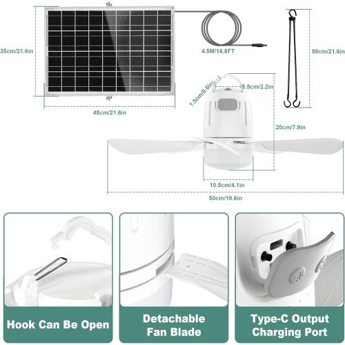 White 20 Solar Ceiling Fan Light, 20000mAh Portable Gazebo fan with 30W Solar Powered Fan with Remote Control, Outdoor Ceiling Fan with Light for Patios, Canopy, Shed, RV, Porch and Chicken Coop