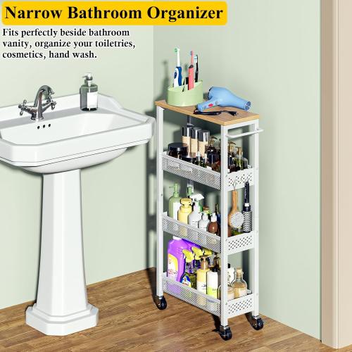 Utility Slim Storage Cart, 4 Tier Small Rolling Kitchen Laundry Room Cart with Wood Top, Metal Narrow Bathroom Storage Cabinet Mobile Shelf Unit Organizer Trolley with Handle for Narrow Space