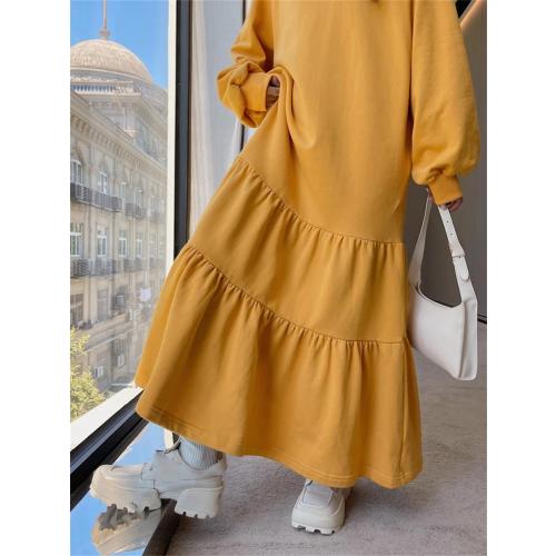 Women's 3XL Spring and Autumn Dresses Loose Cotton Solid Color Round Neck Long Sleeve Dresses