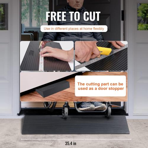 VEVOR 1.6 Rise Cuttable Threshold Ramp for Doorways, 35.4 Wide Natural Rubber Wheelchair Ramp, Non-Slip Solid Rubber Ramp with Double-Sided Tape for Doorways,Driveways,Bathroom,Smooth Tile