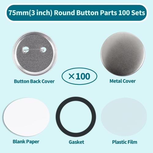Happizza 100 Sets 75mm(3 inch) Metal Button Supplies,Round Pin Buttons Parts Blank Buttons Making Supplies for Button Maker Machine, Includes Metal Back Cover Shells, Clear Film&Blank Paper&Gasket