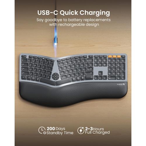 BLACK Backlit Bluetooth Ergonomic Keyboard, ProtoArc EK01 Plus Full Size Wireless Split Keyboard with Dual Bluetooth and USB, Cushioned Wrist Rest, Rechargeable for Windows/Mac/Android, Grey Black