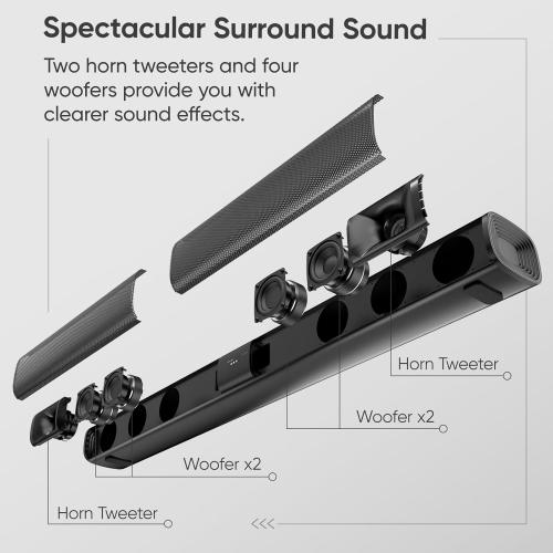 Sound Bar for Smart TV, 80W Soundbar with Four Woofers, Dual Horn Tweeters, 2.0 Channel TV Speaker, 2 in 1 Detachable Design, BT/ARC/AUX/Optical Connection, Surround Sound System for TV