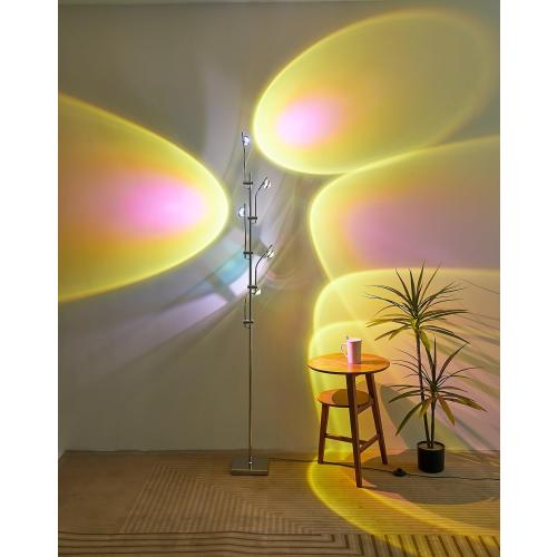 NKU Sunset Floor Lamp Projector 5 Head Multi Head Floor Light with Replaceable Filters Ambient Mood Lighting for Bedroom, Living Room 72in Chrome Unique Modern Colorful Sunset Lamp with Halo Effect