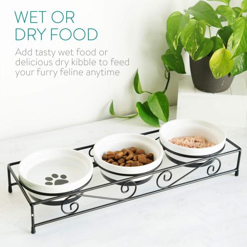 Navaris Ceramic Pet Bowl Set - Small Dogs, Puppies, and Cat Food Bowl with Non-Slip Retro Metal Stand - Dog or Cat Bowls for Indoor Cats and Dogs - Set of Bowls, 10.8 oz Each